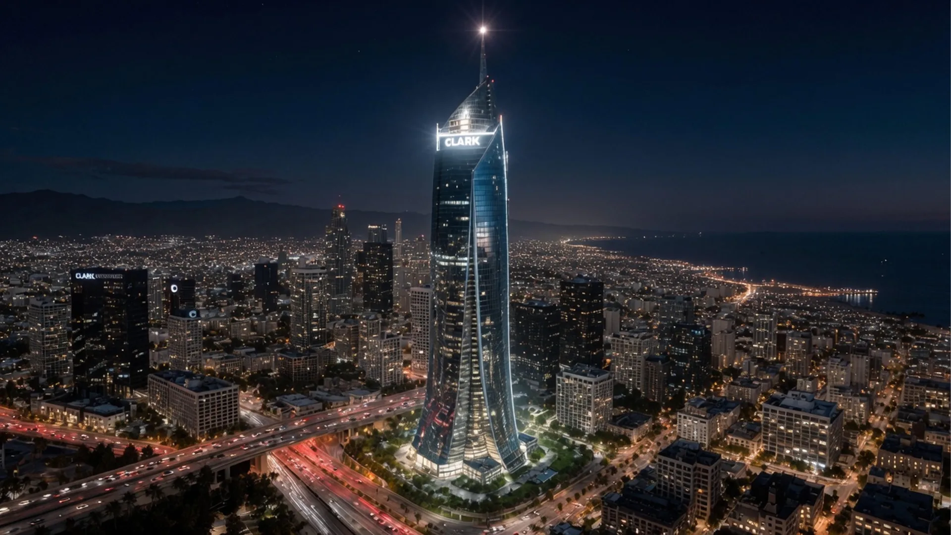 Clark Tower rising above the Los Angeles skyline