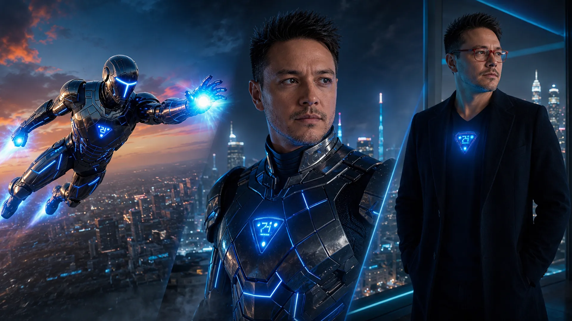 Geon Clark in civilian clothes and CLARK 07 armor above Los Angeles